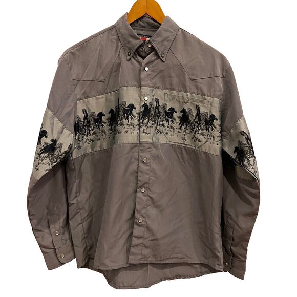 Vintage Scorpio Men's L/S Shirt Small Grey Silver Horse Theme Pearl Snaps - Picture 2 of 6